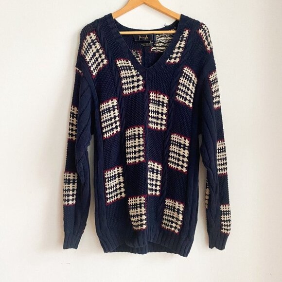 Vintage Pringle Blue Cotton Plaid Unique V Neck Pullover Hong Kong XL - Picture 2 of 6